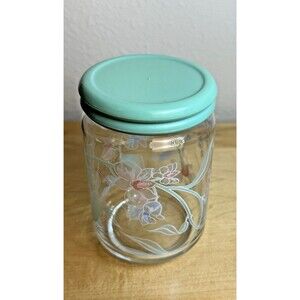 Vintage Floral Glass Jar Storage Container Plastic Aqua Lid Retro Canister